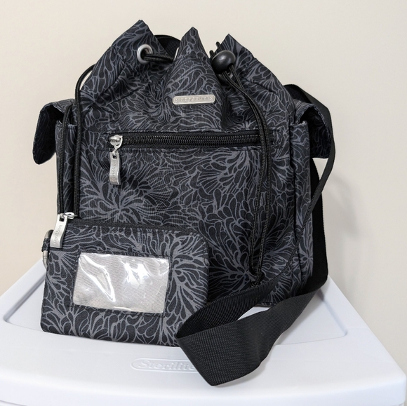 Baggallini Handbags - Baggallini Two Piece Black Floral Drawstring Bucket Crossbody And RFID Wallet